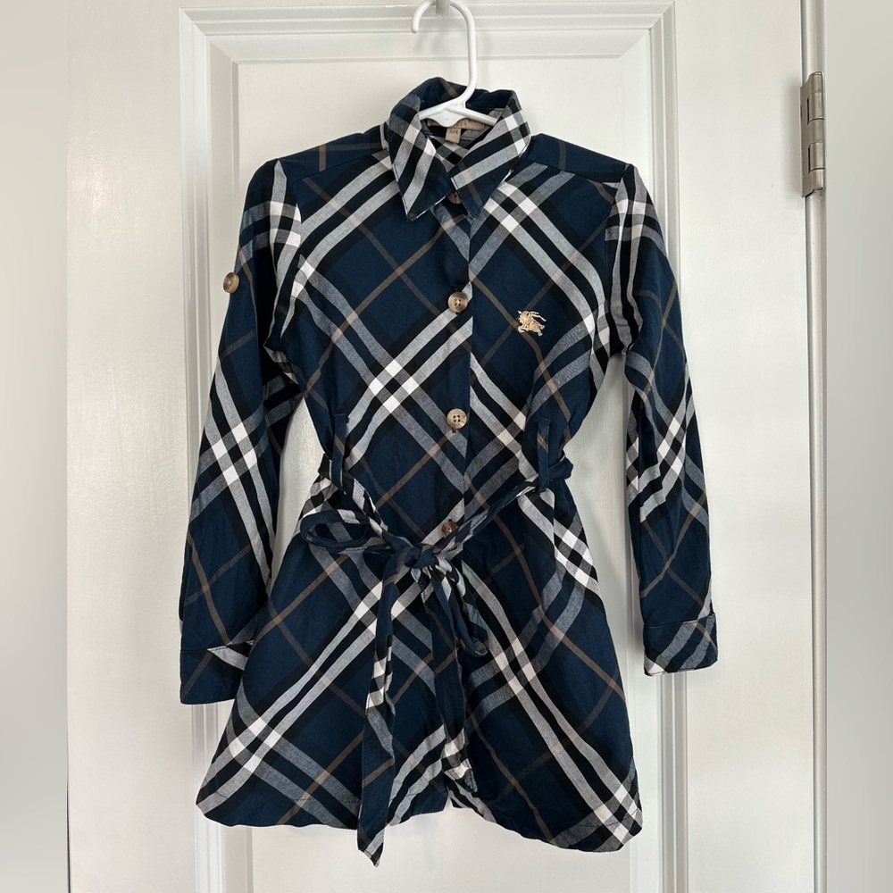 Burberry Kids Girls Ink Blue Check Cotton Shirt Dress w/ Belt Size 3/4